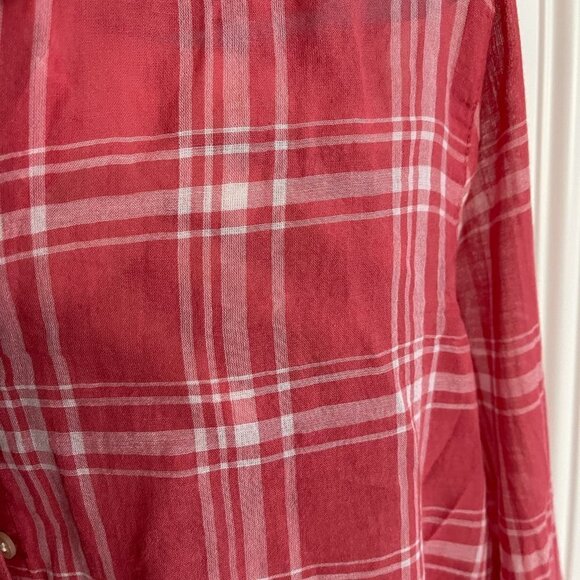 ANN Taylor Loft Woman's Large Petite Peach Plaid Lightweight Button Front Blouse - Picture 5 of 9